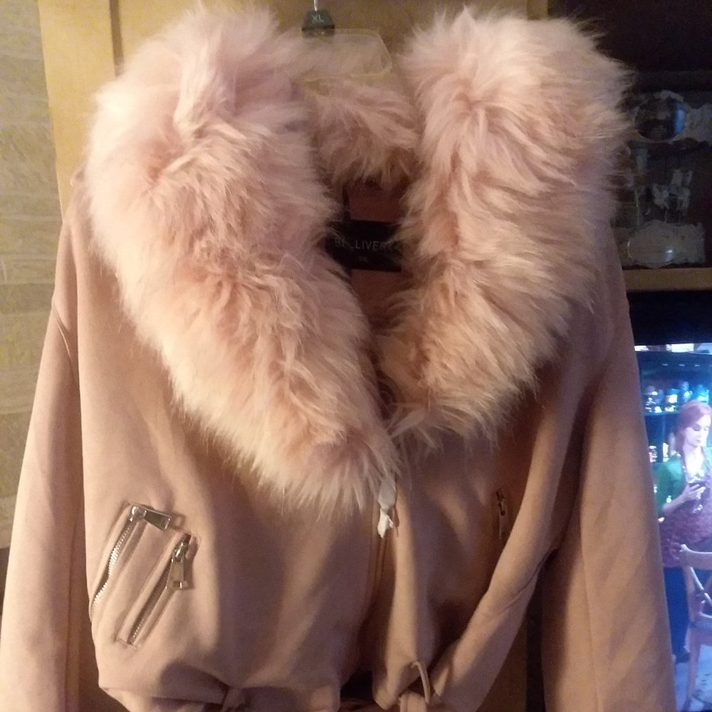 Pink Faux suede plus size jacket with faux fur